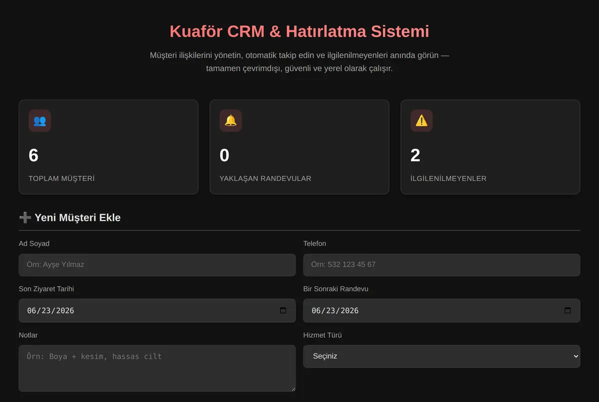 Kuaför CRM & Hatırlatma Sistemi ekran görüntüsü 2