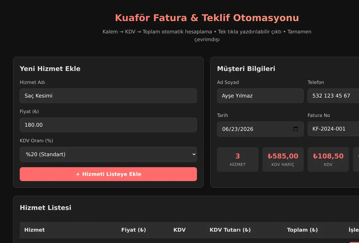 Kuaför Fatura & Teklif Otomasyonu ekran görüntüsü