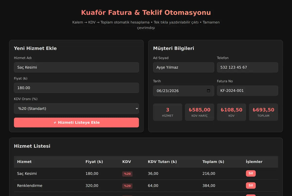 Kuaför Fatura & Teklif Otomasyonu ekran görüntüsü 2