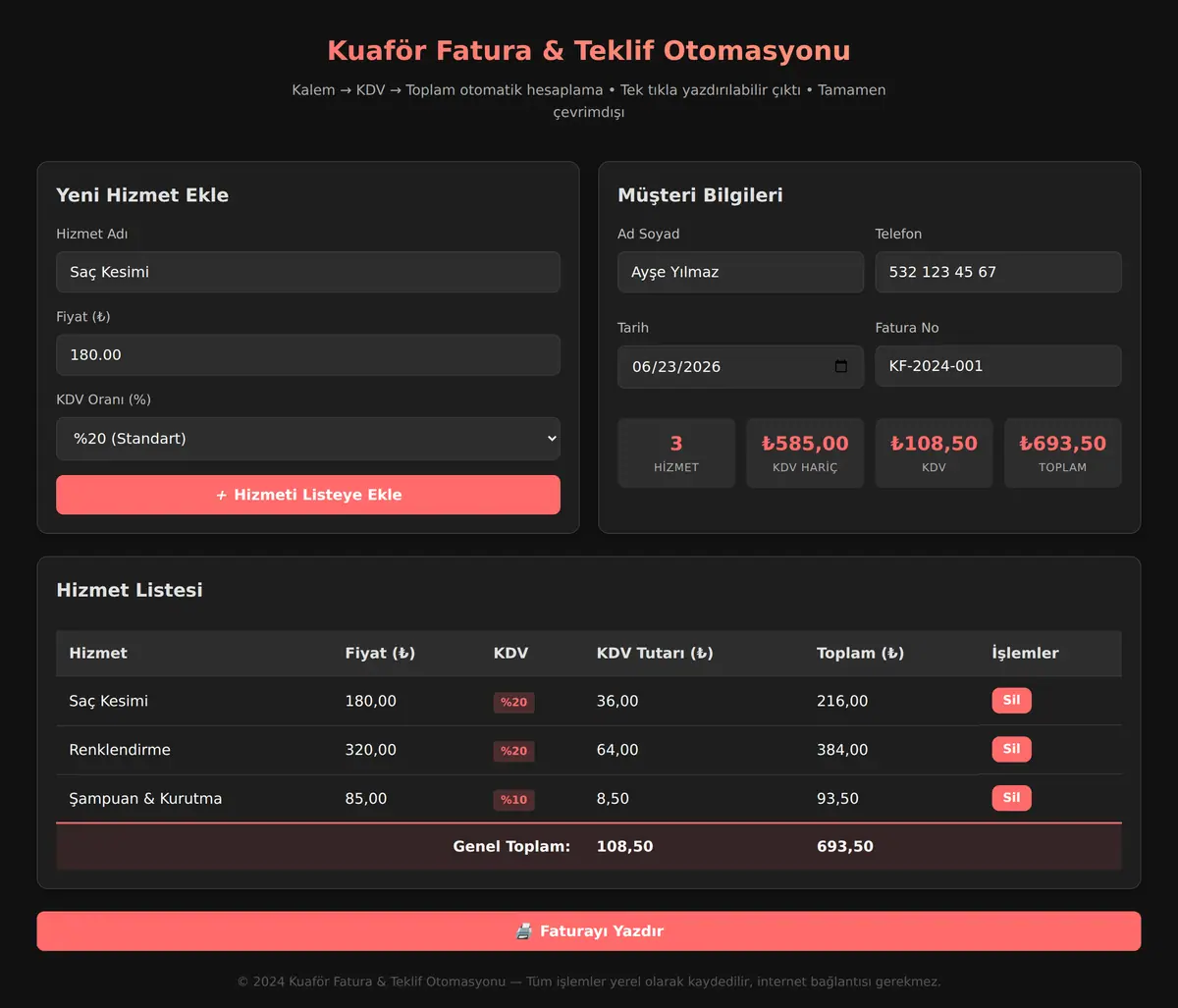 Kuaför Fatura & Teklif Otomasyonu ekran görüntüsü 3
