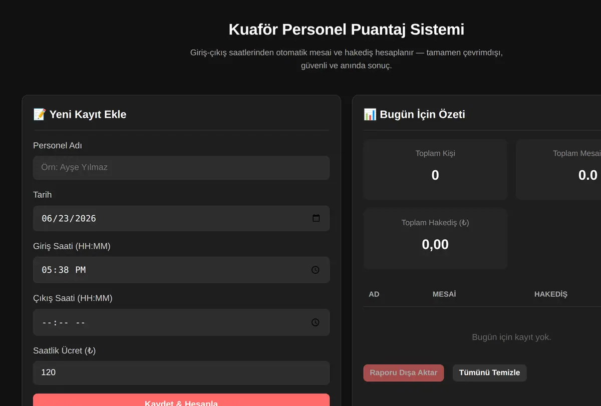 Kuaför Personel Puantaj Sistemi ekran görüntüsü