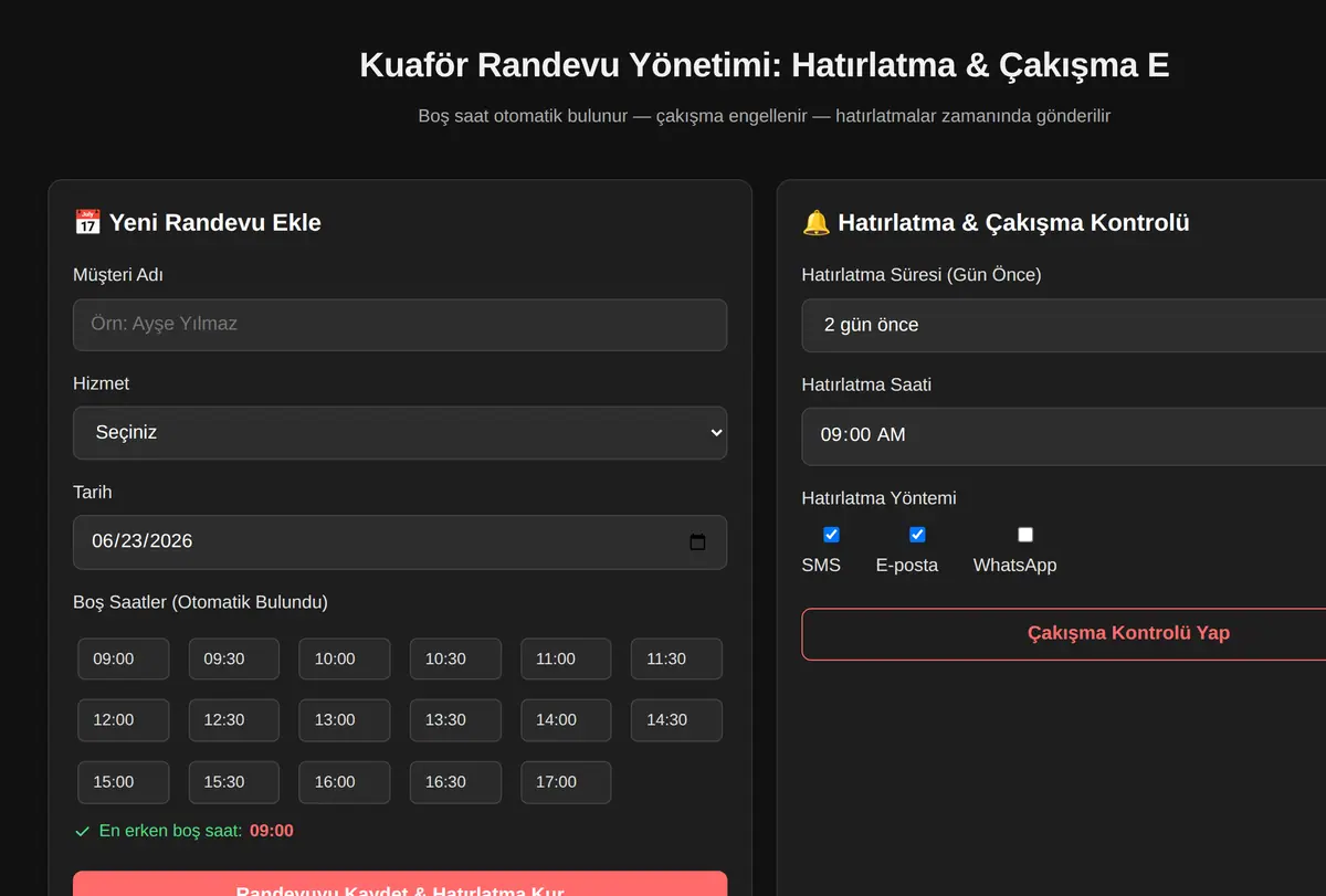 Kuaför Randevu Yönetimi: Hatırlatma & Çakışma E ekran görüntüsü