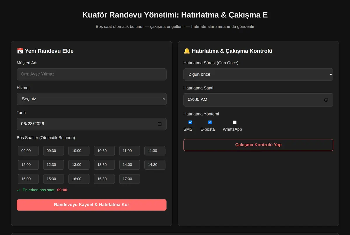Kuaför Randevu Yönetimi: Hatırlatma & Çakışma E ekran görüntüsü 2