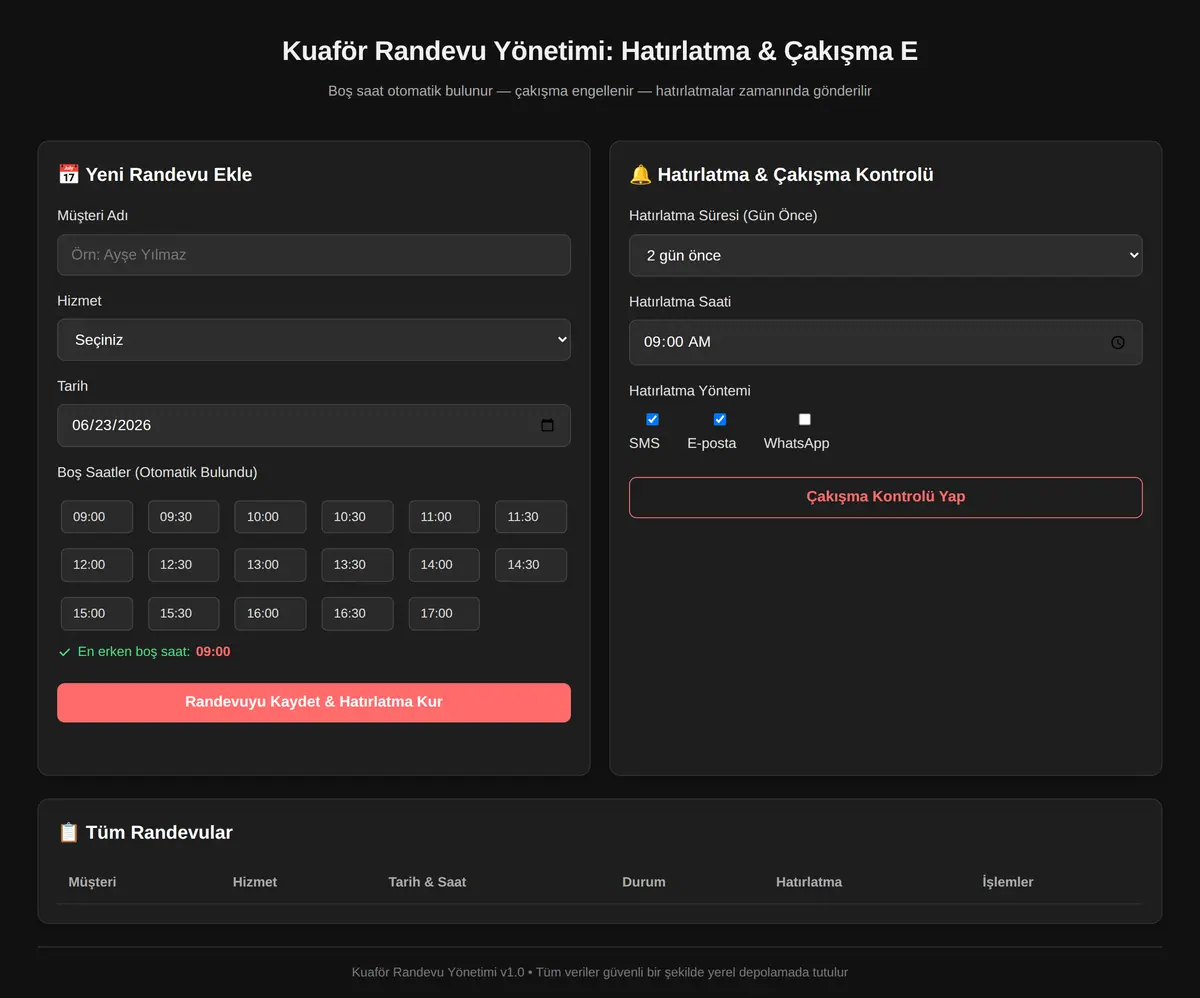 Kuaför Randevu Yönetimi: Hatırlatma & Çakışma E ekran görüntüsü 3