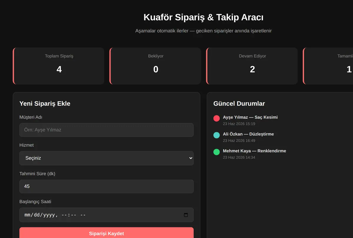 Kuaför Sipariş & Takip Aracı ekran görüntüsü