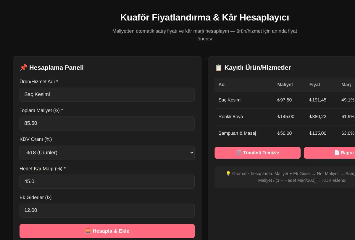 Kuaför Fiyatlandırma & Kâr Hesaplayıcı ekran görüntüsü