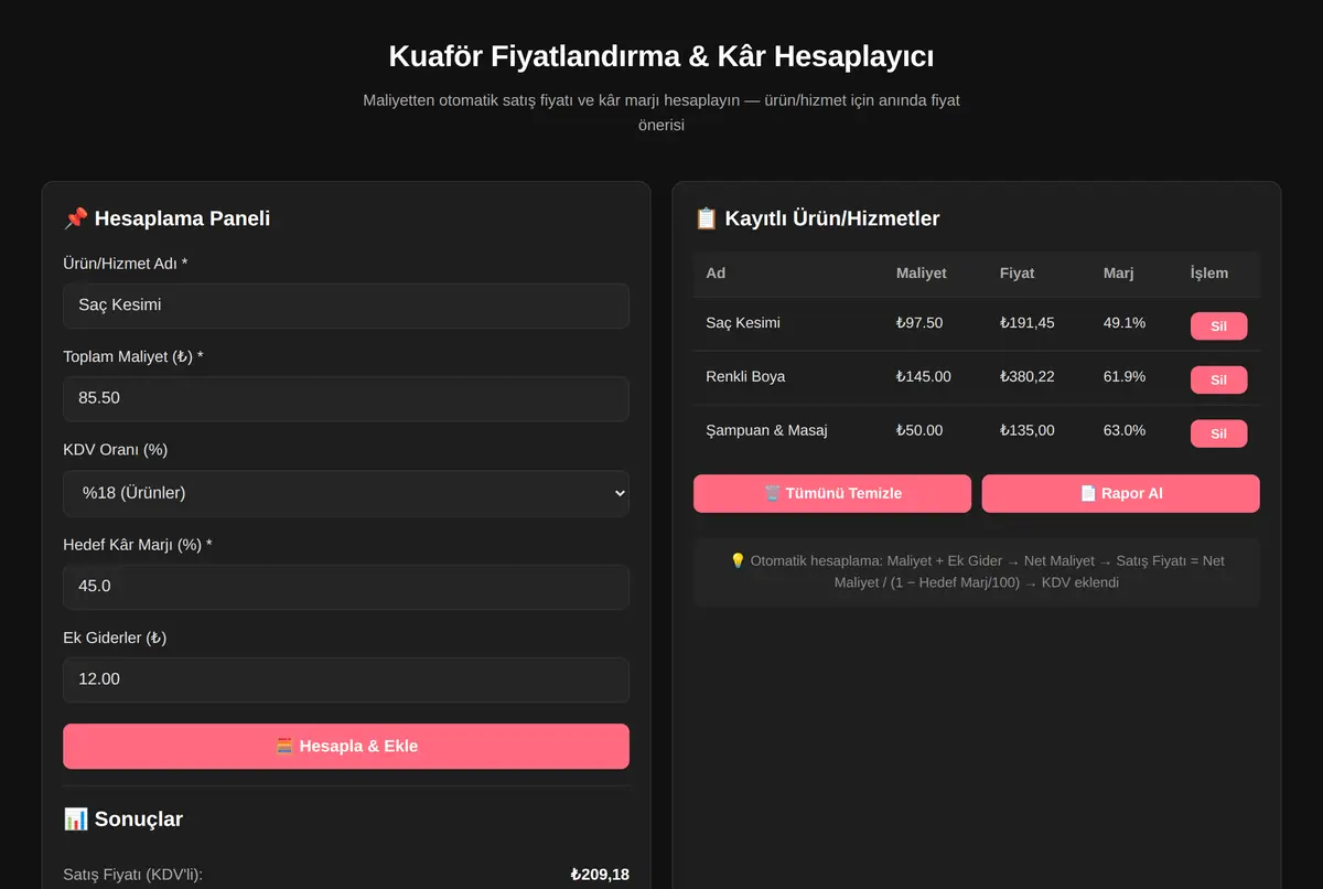 Kuaför Fiyatlandırma & Kâr Hesaplayıcı ekran görüntüsü 2