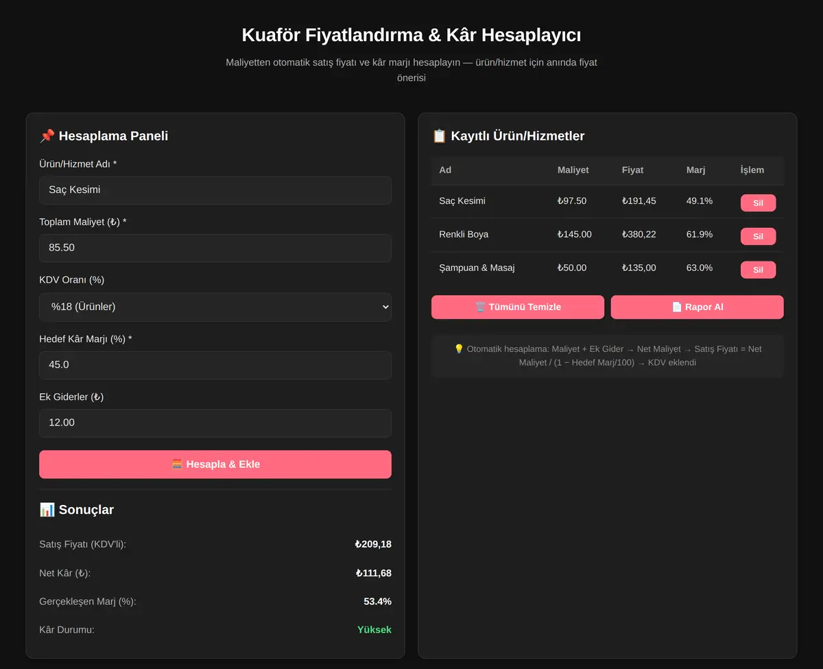 Kuaför Fiyatlandırma & Kâr Hesaplayıcı ekran görüntüsü 3