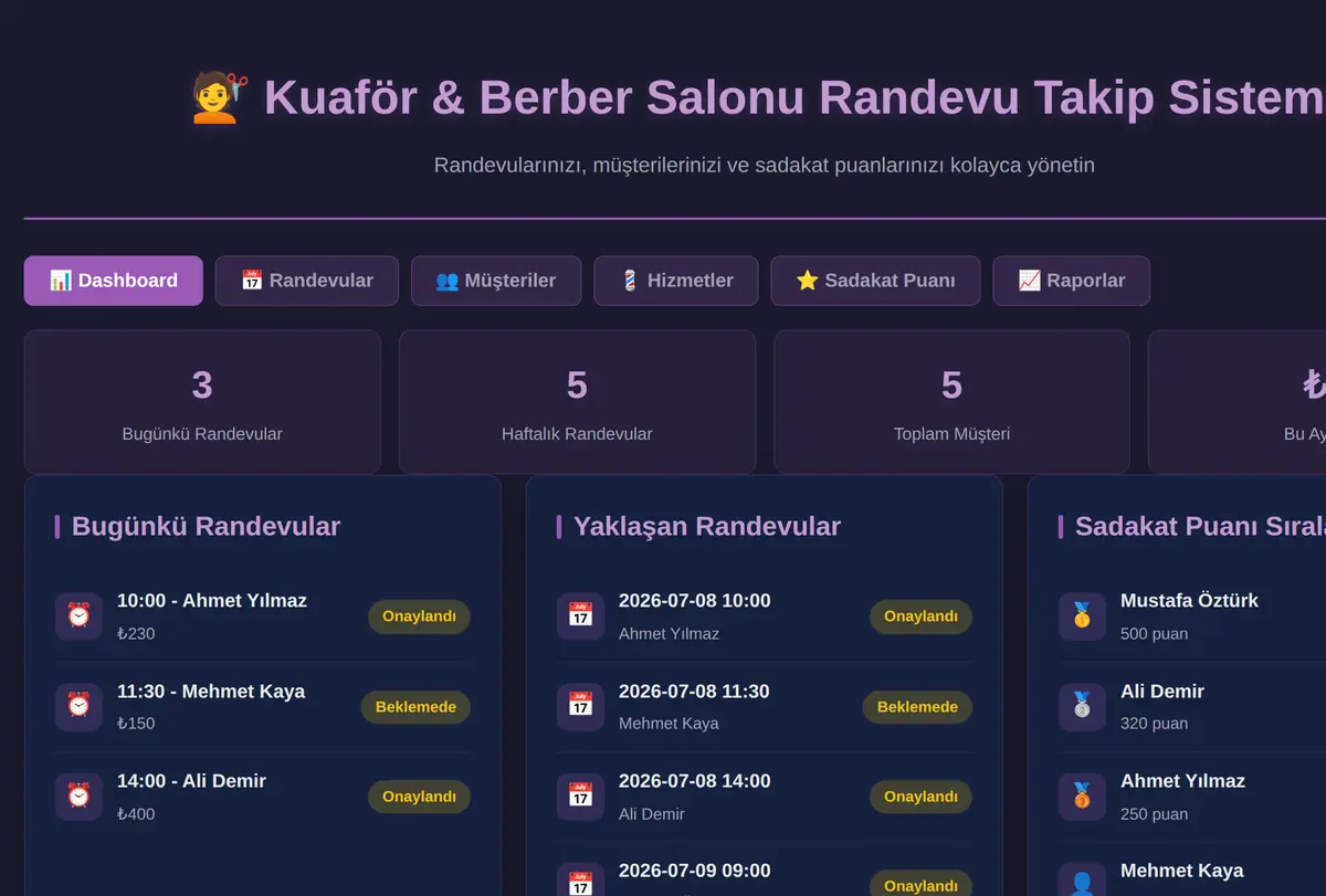 Kuaför & Berber Salonu Randevu Takip Sistemi ekran görüntüsü