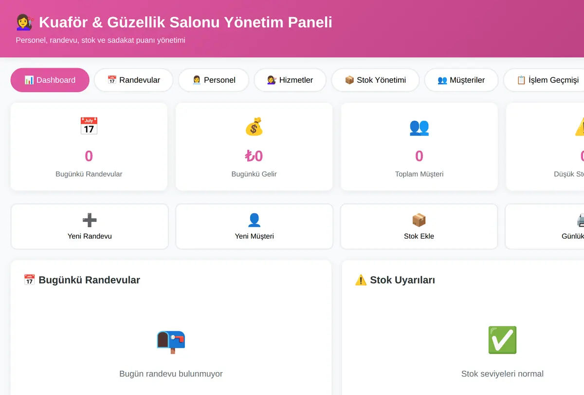 Kuaför & Güzellik Salonu Yönetim Paneli ekran görüntüsü