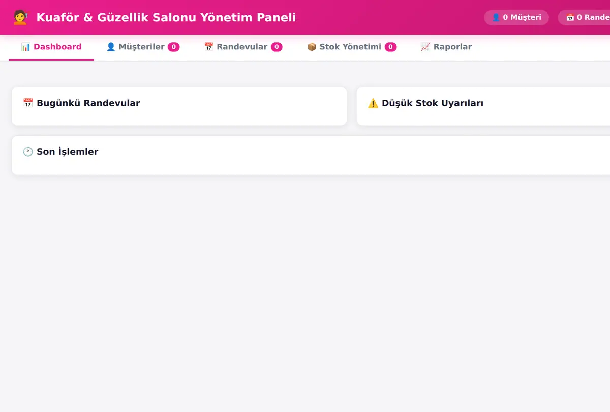 Kuaför & Güzellik Salonu Yönetim Paneli ekran görüntüsü