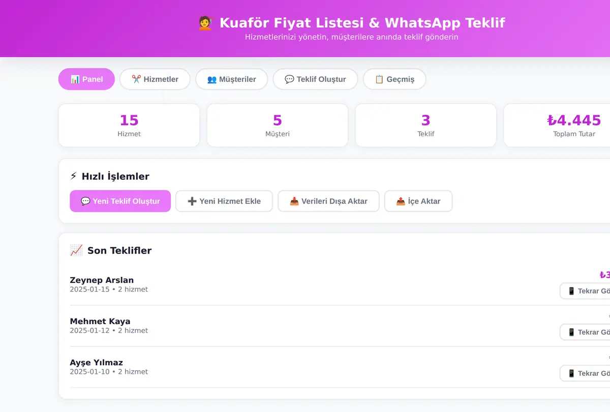 Kuaför Fiyat Listesi & WhatsApp Teklif Aracı ekran görüntüsü