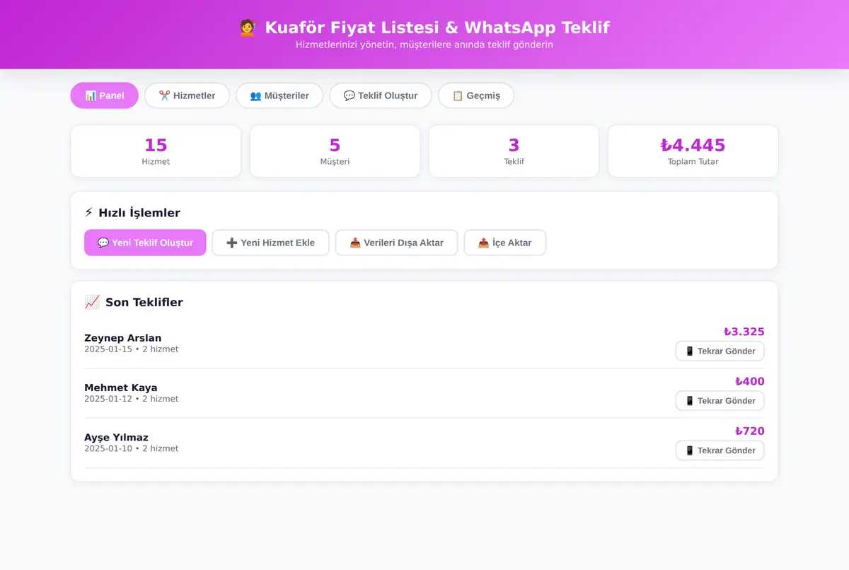 Kuaför Fiyat Listesi & WhatsApp Teklif Aracı ekran görüntüsü 2