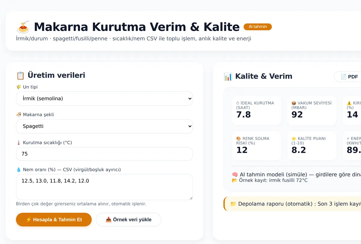 Makarna Kurutma Verim ve Kalite Hesaplayıcı ekran görüntüsü