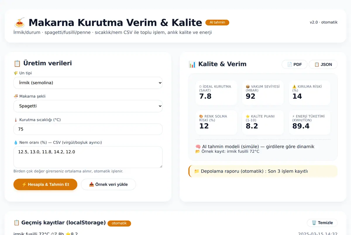 Makarna Kurutma Verim ve Kalite Hesaplayıcı ekran görüntüsü 2