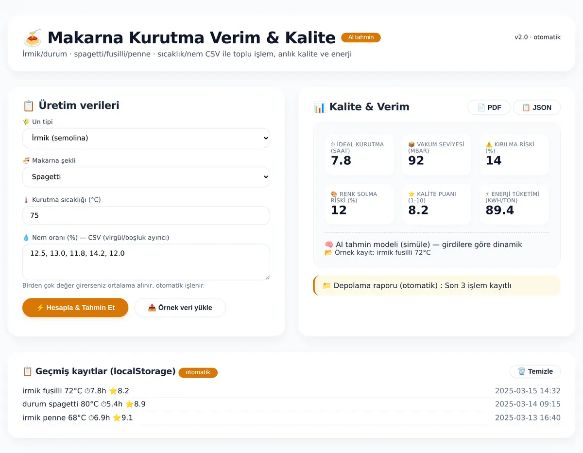 Makarna Kurutma Verim ve Kalite Hesaplayıcı ekran görüntüsü 3