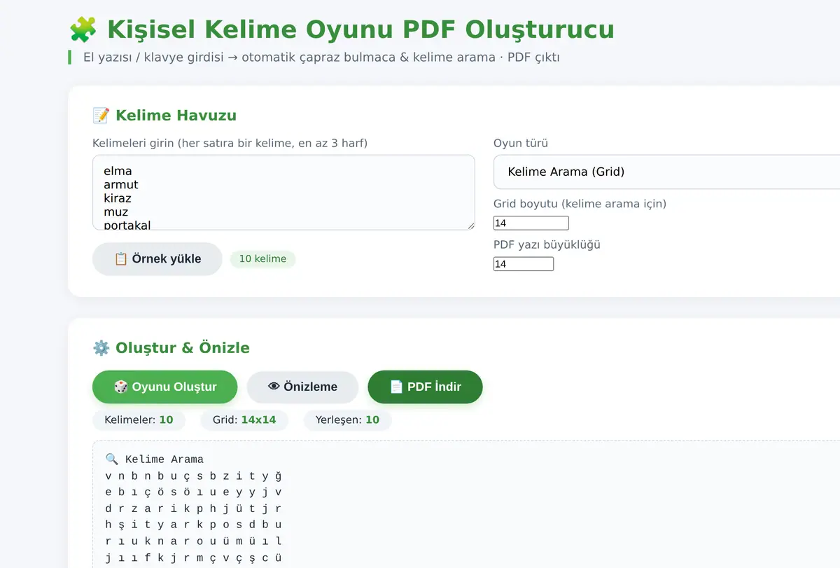 Kişisel Kelime Oyunu PDF Oluşturucu ekran görüntüsü
