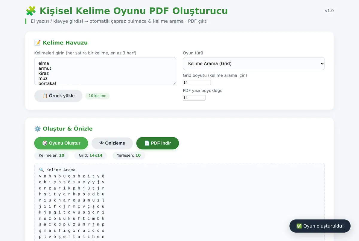 Kişisel Kelime Oyunu PDF Oluşturucu ekran görüntüsü 2