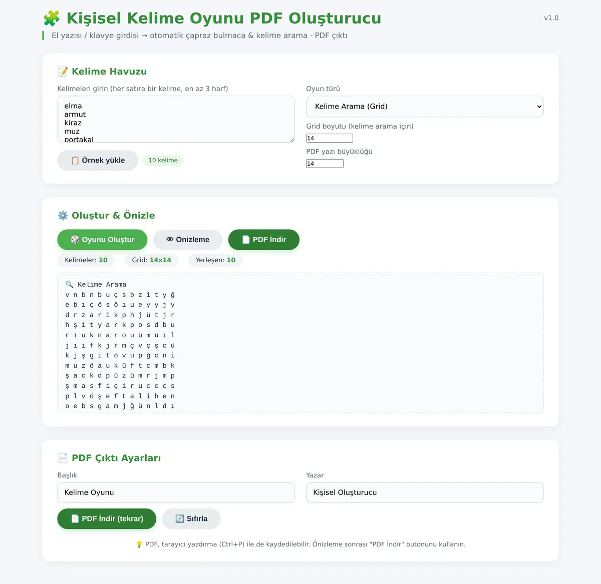 Kişisel Kelime Oyunu PDF Oluşturucu ekran görüntüsü 3