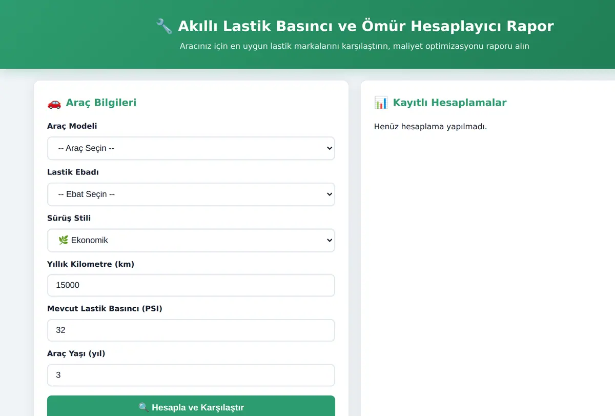 Akıllı Lastik Basıncı ve Ömür Hesaplayıcı Rapor ekran görüntüsü