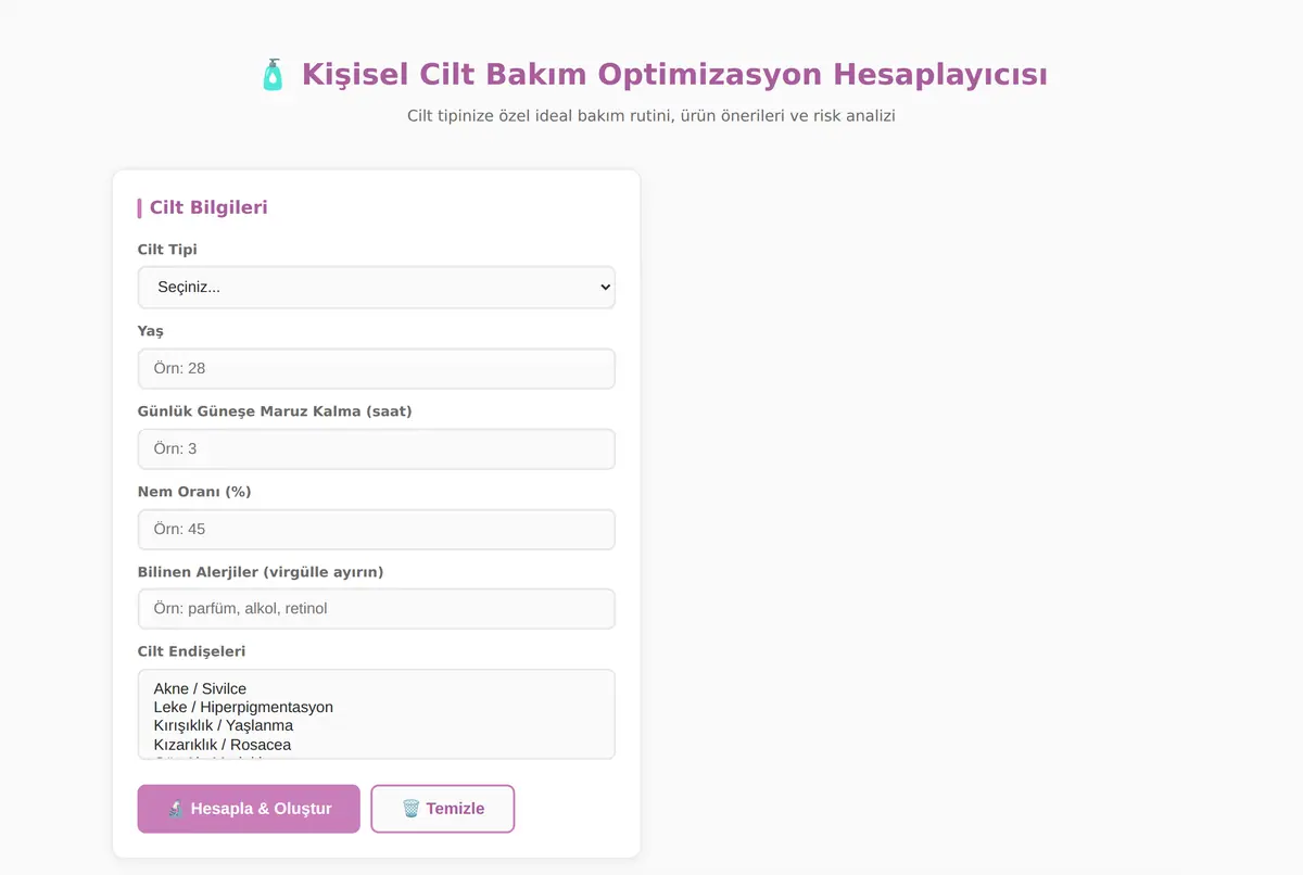 Kişisel Cilt Bakım Optimizasyon Hesaplayıcısı ekran görüntüsü 2