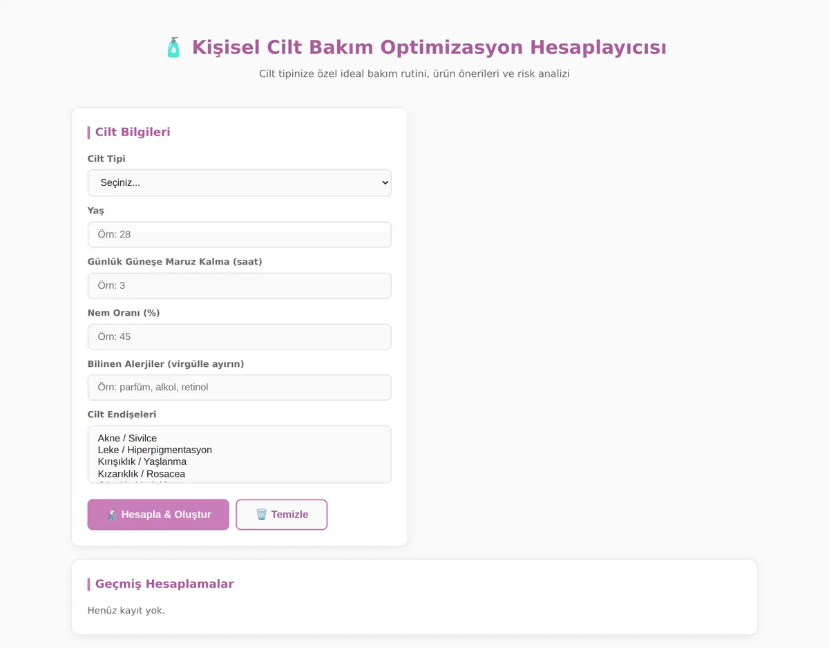 Kişisel Cilt Bakım Optimizasyon Hesaplayıcısı ekran görüntüsü 3