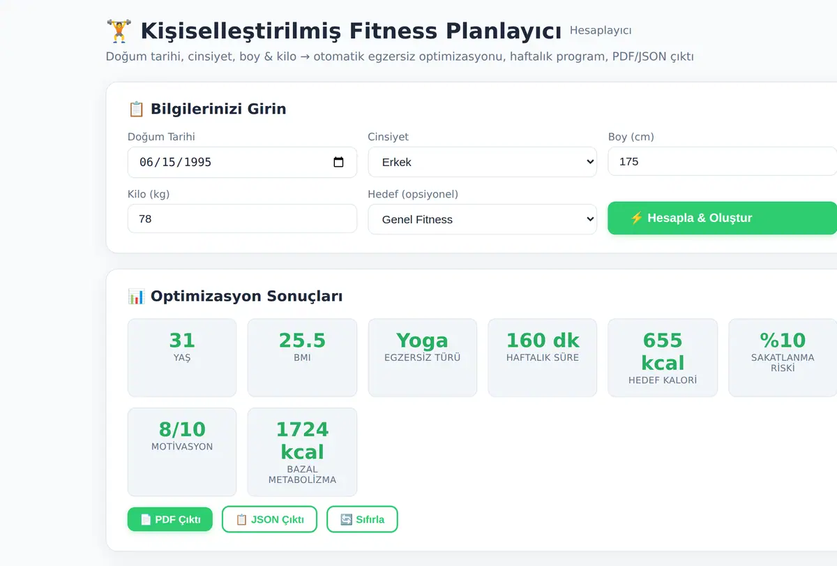 Kişiselleştirilmiş Fitness Planlayıcı Hesaplayıcı ekran görüntüsü