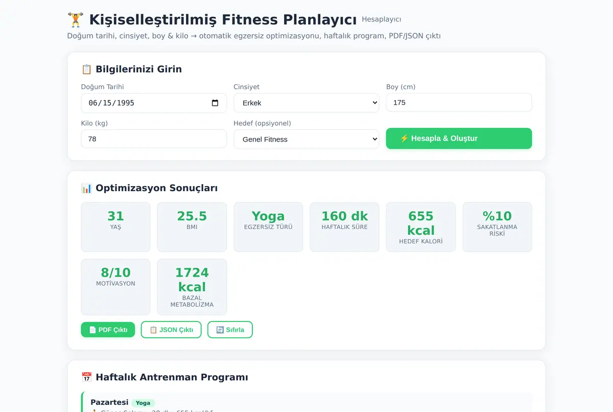 Kişiselleştirilmiş Fitness Planlayıcı Hesaplayıcı ekran görüntüsü 2