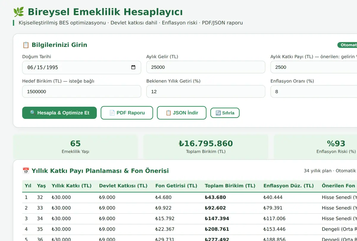 Bireysel Emeklilik Hesaplayıcı ve Optimizasyon ekran görüntüsü