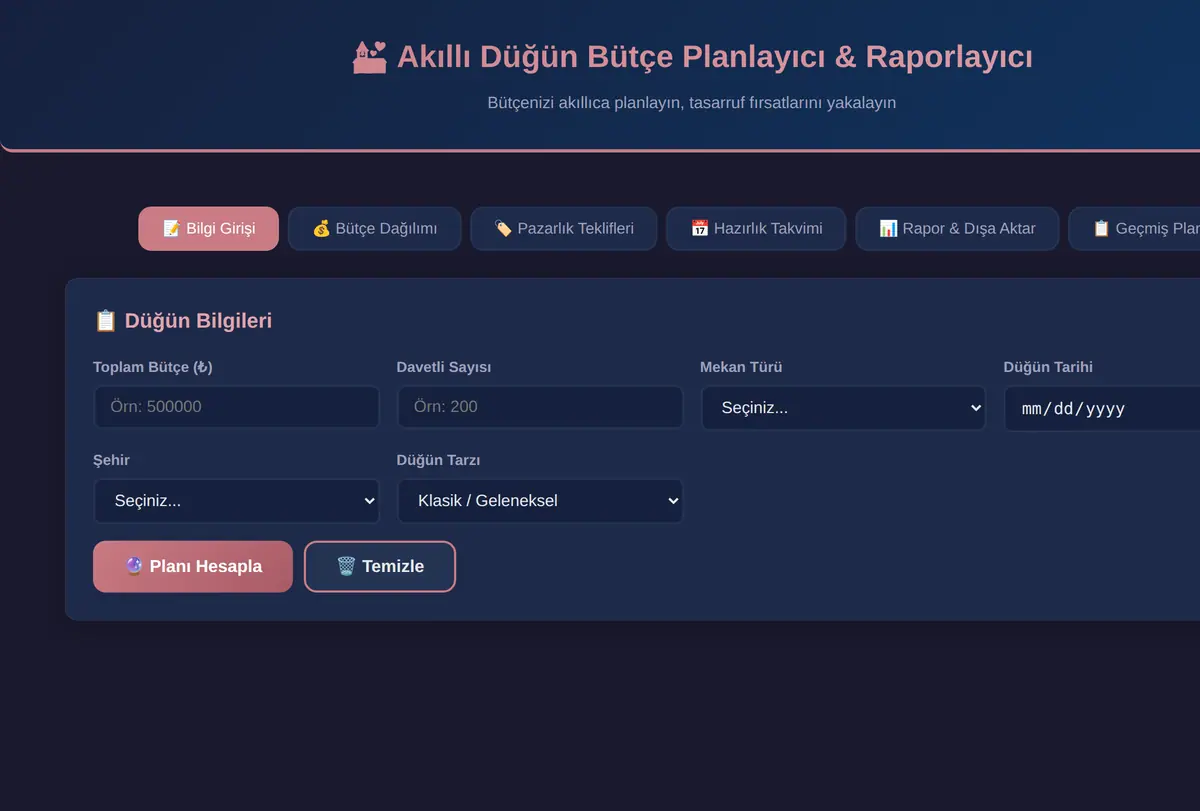 Akıllı Düğün Bütçe Planlayıcı & Raporlayıcı ekran görüntüsü