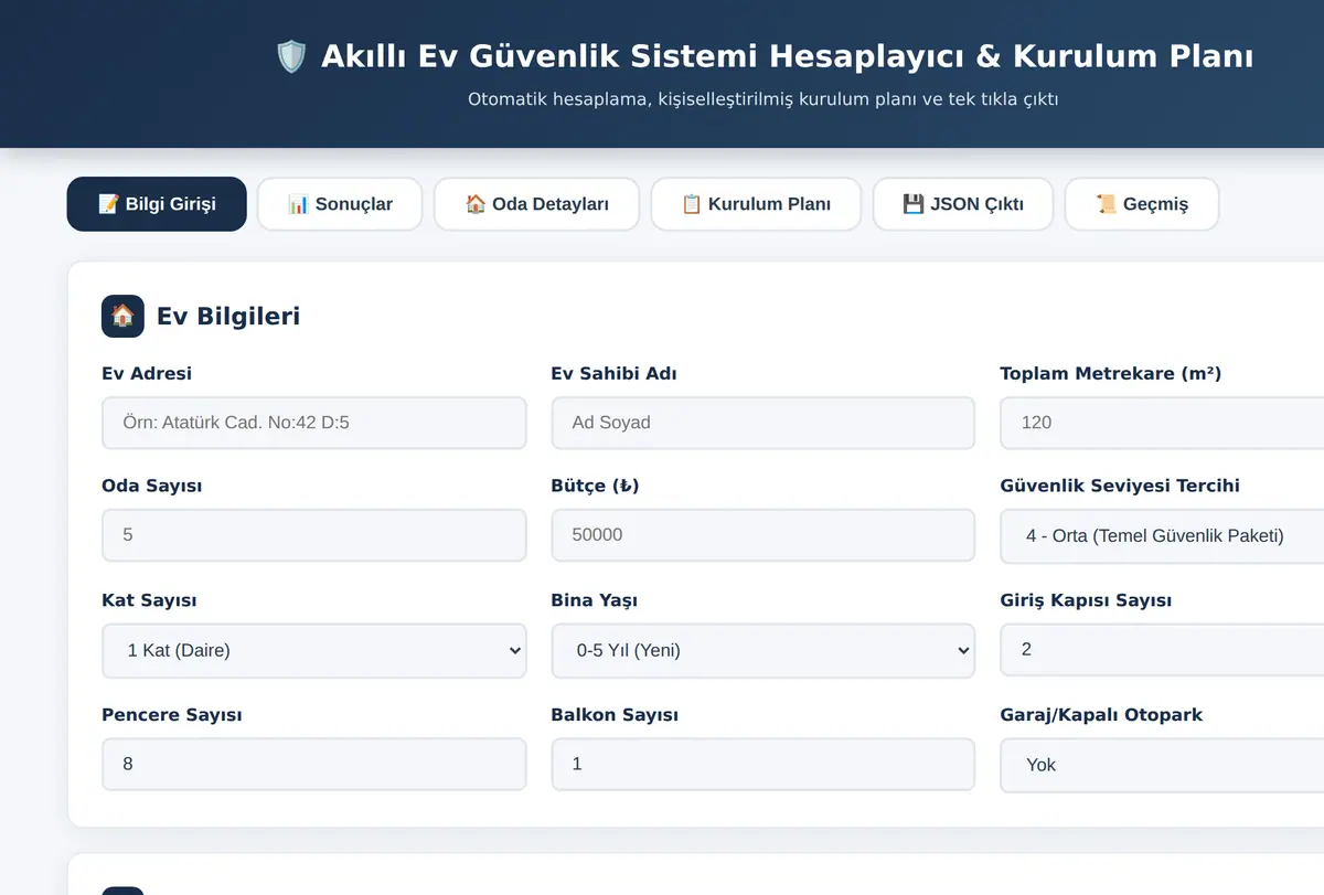 Akıllı Ev Güvenlik Sistemi Hesaplayıcı & Kurulum Planı ekran görüntüsü