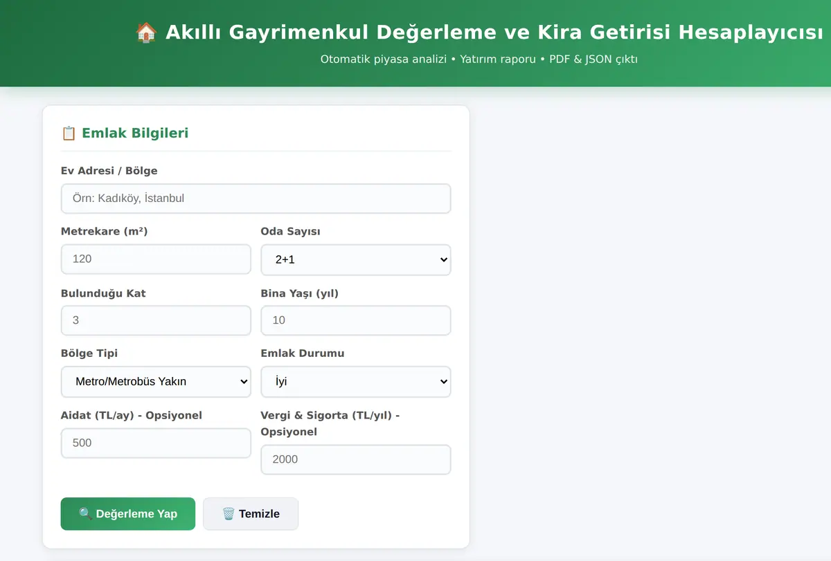 Akıllı Gayrimenkul Değerleme ve Kira Getirisi Hesaplayıcısı ekran görüntüsü