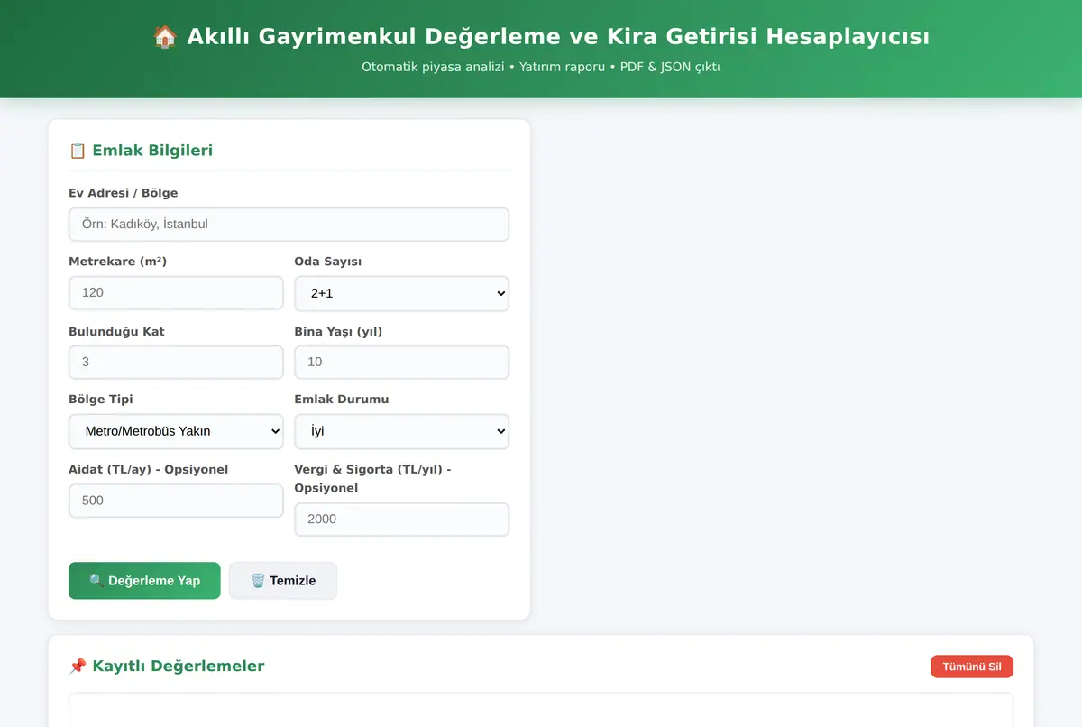 Akıllı Gayrimenkul Değerleme ve Kira Getirisi Hesaplayıcısı ekran görüntüsü 2