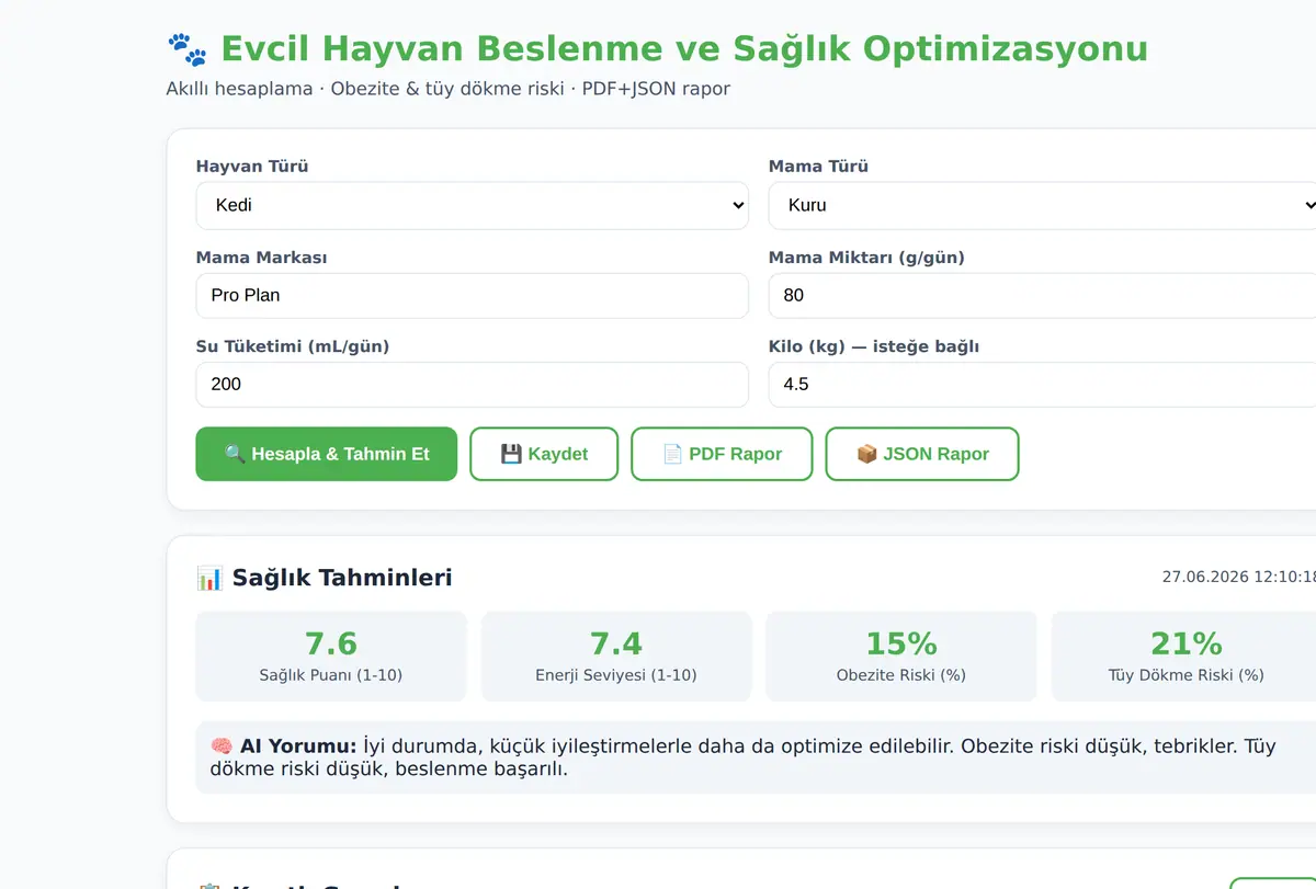 Evcil Hayvan Beslenme ve Sağlık Optimizasyonu ekran görüntüsü