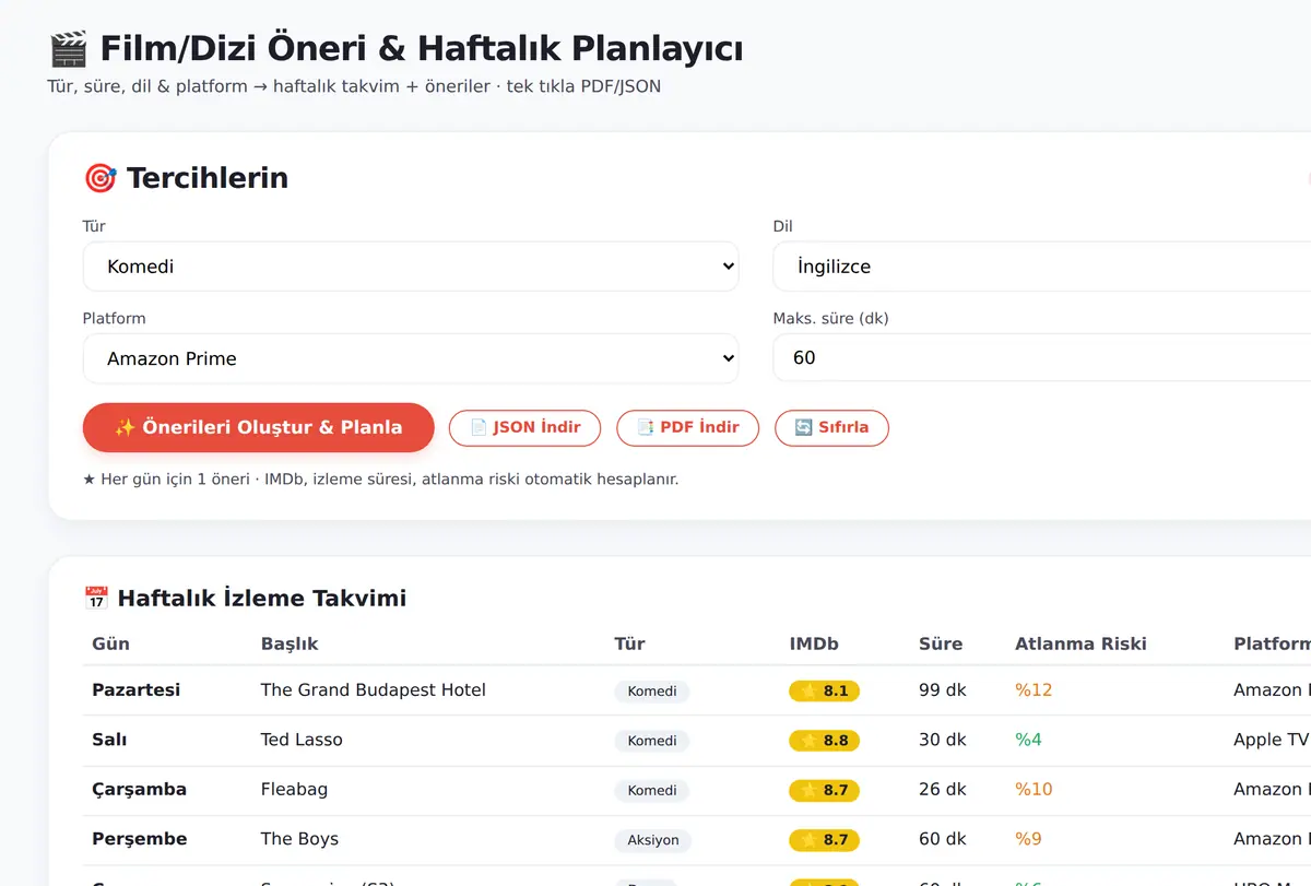 Film/Dizi Öneri ve Haftalık İzleme Planlayıcı ekran görüntüsü