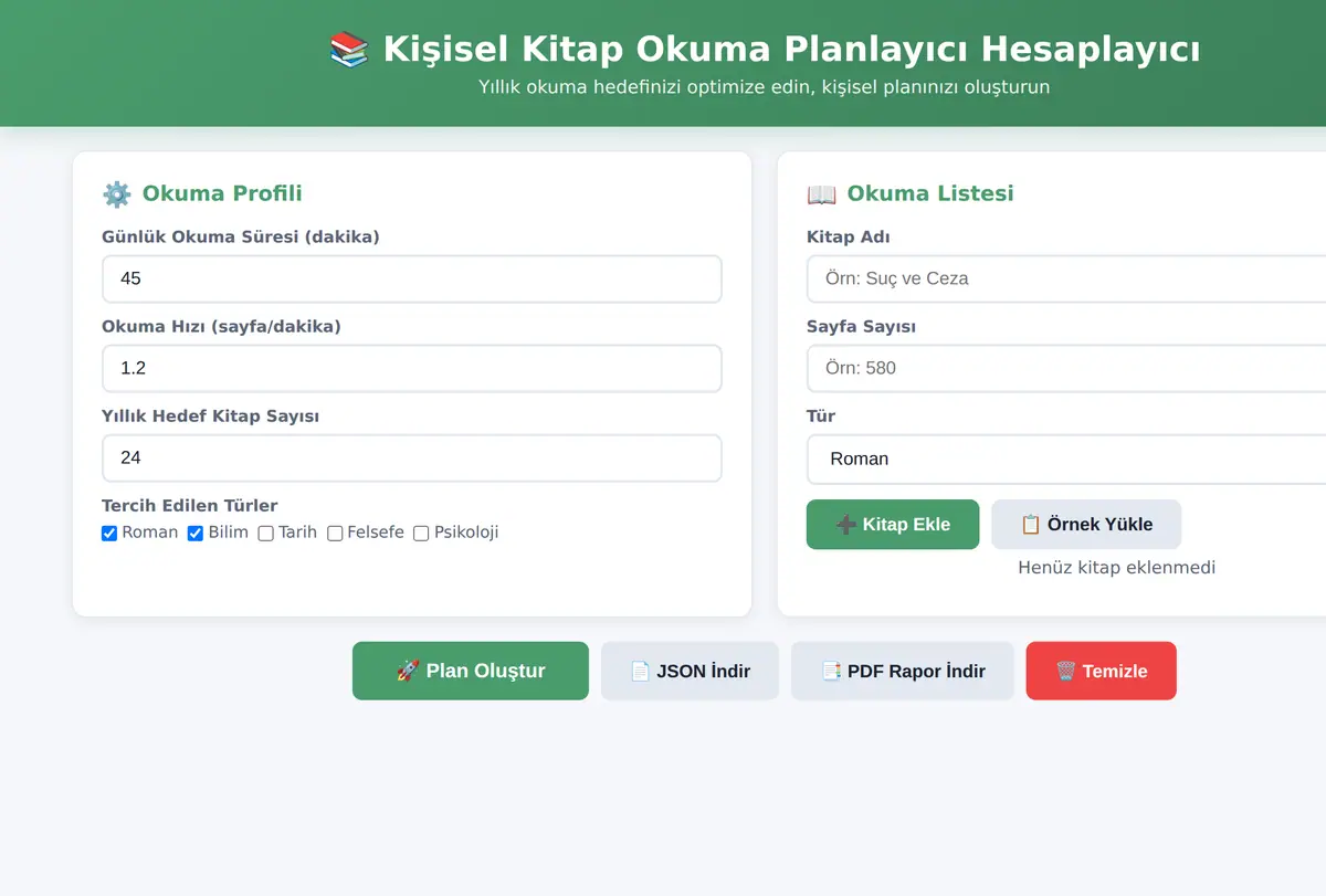 Kişisel Kitap Okuma Planlayıcı Hesaplayıcı ekran görüntüsü
