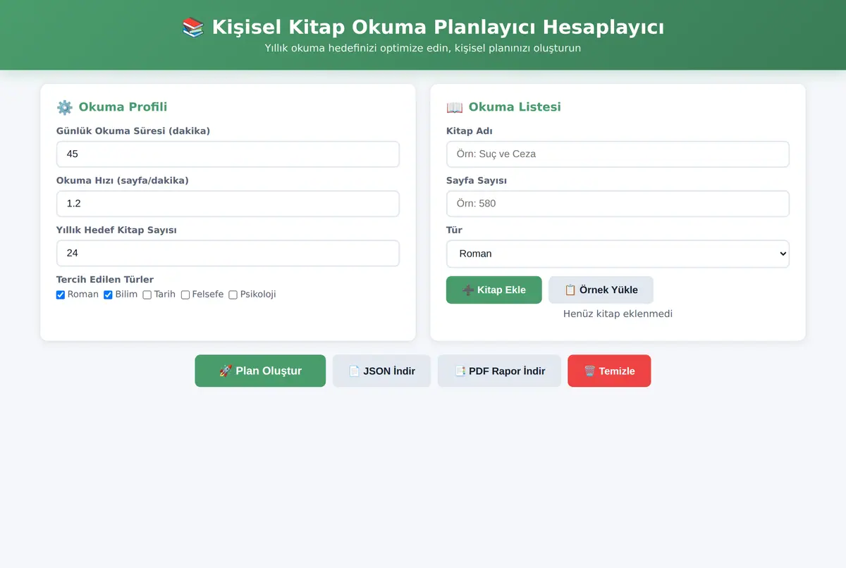 Kişisel Kitap Okuma Planlayıcı Hesaplayıcı ekran görüntüsü 2