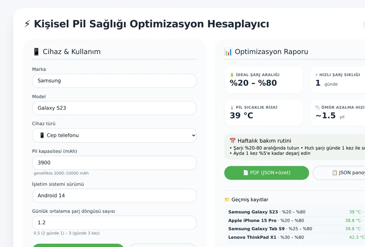 Kişisel Pil Sağlığı Optimizasyon Hesaplayıcı ekran görüntüsü