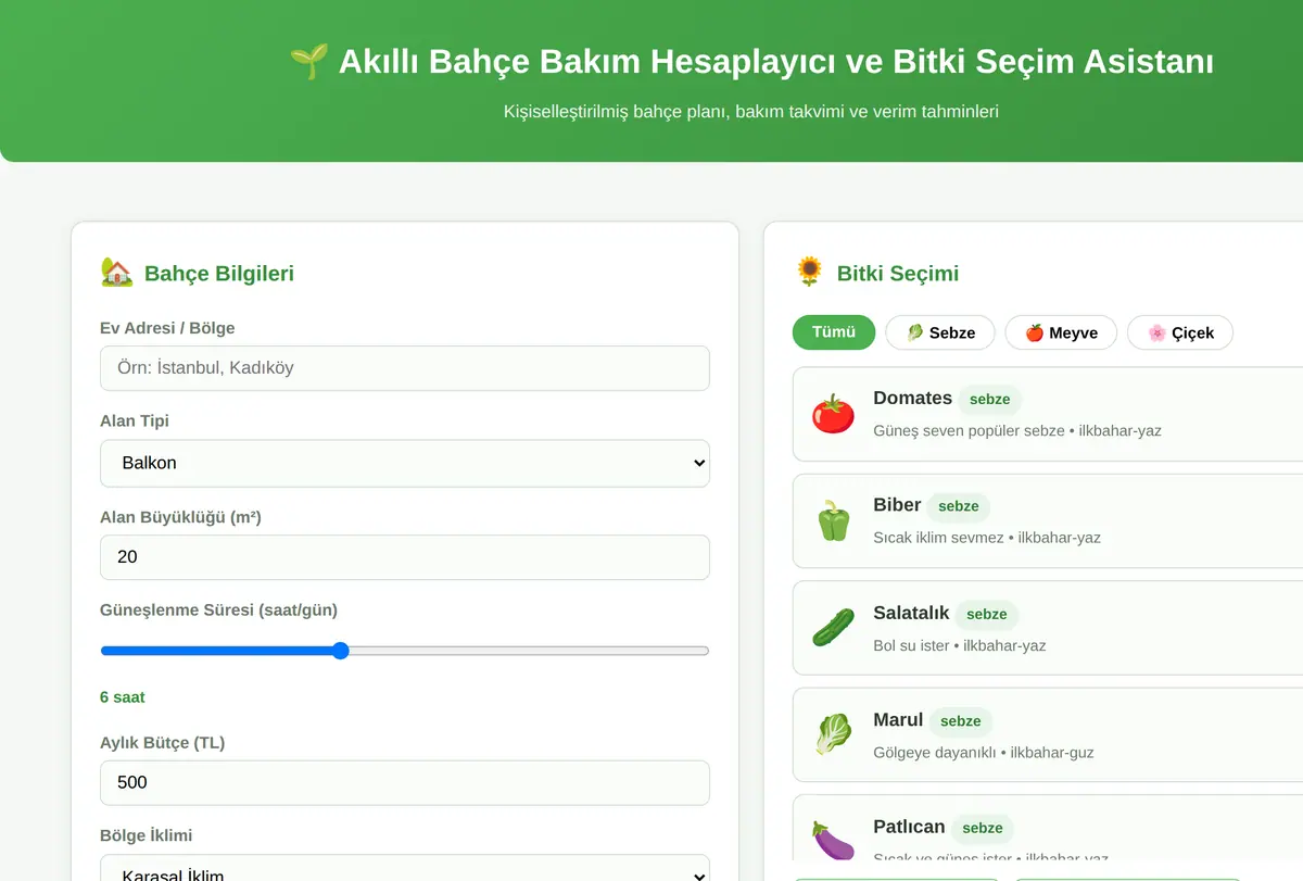 Akıllı Bahçe Bakım Hesaplayıcı ve Bitki Seçim Asistanı ekran görüntüsü