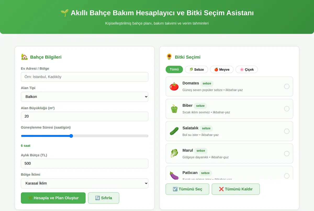 Akıllı Bahçe Bakım Hesaplayıcı ve Bitki Seçim Asistanı ekran görüntüsü 2