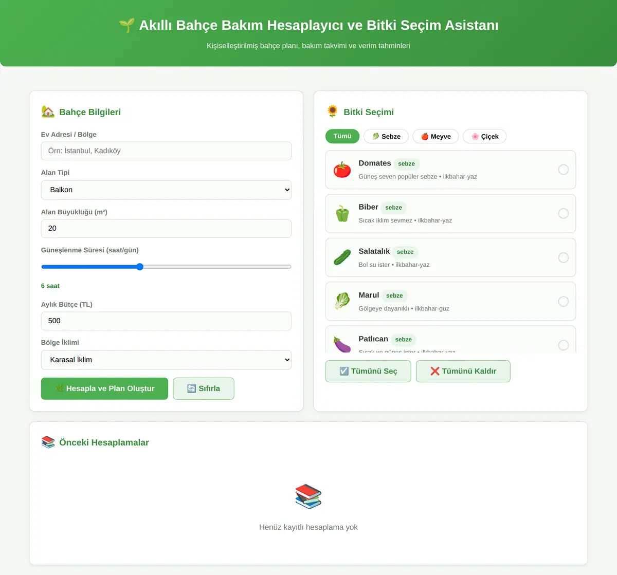 Akıllı Bahçe Bakım Hesaplayıcı ve Bitki Seçim Asistanı ekran görüntüsü 3
