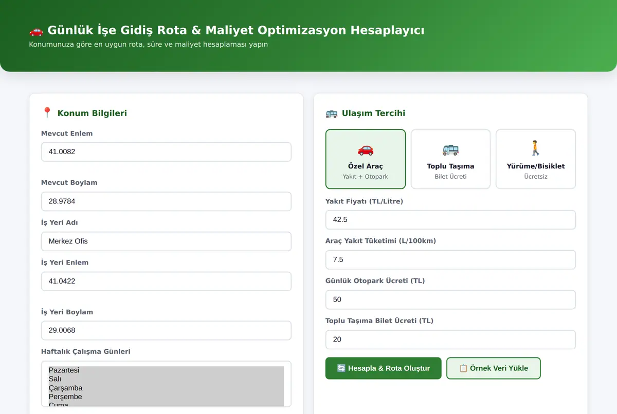 Günlük İşe Gidiş Rota & Maliyet Optimizasyon Hesaplayıcı ekran görüntüsü 2