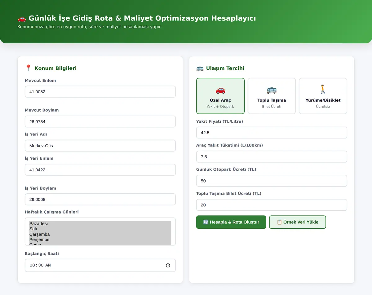 Günlük İşe Gidiş Rota & Maliyet Optimizasyon Hesaplayıcı ekran görüntüsü 3