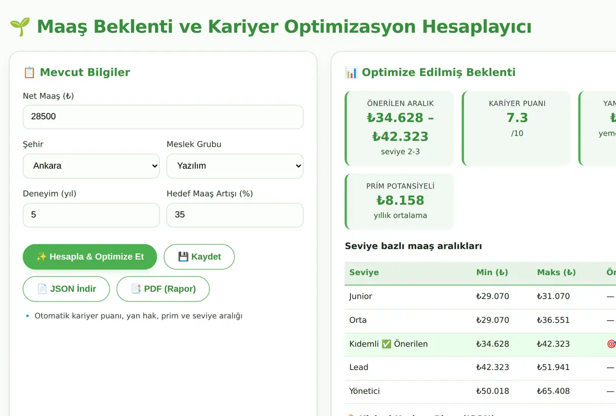 Maaş Beklenti ve Kariyer Optimizasyon Hesaplayıcı ekran görüntüsü