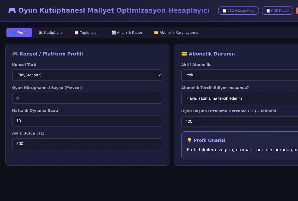 Oyun Kütüphanesi Maliyet Optimizasyon Hesaplayıcı ekran görüntüsü
