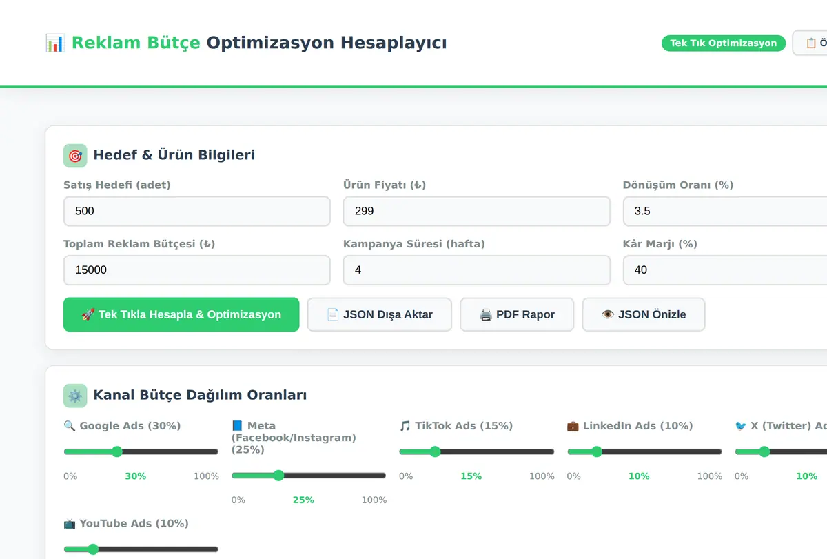 Reklam Bütçe Optimizasyon Hesaplayıcı - Tek Tık ekran görüntüsü