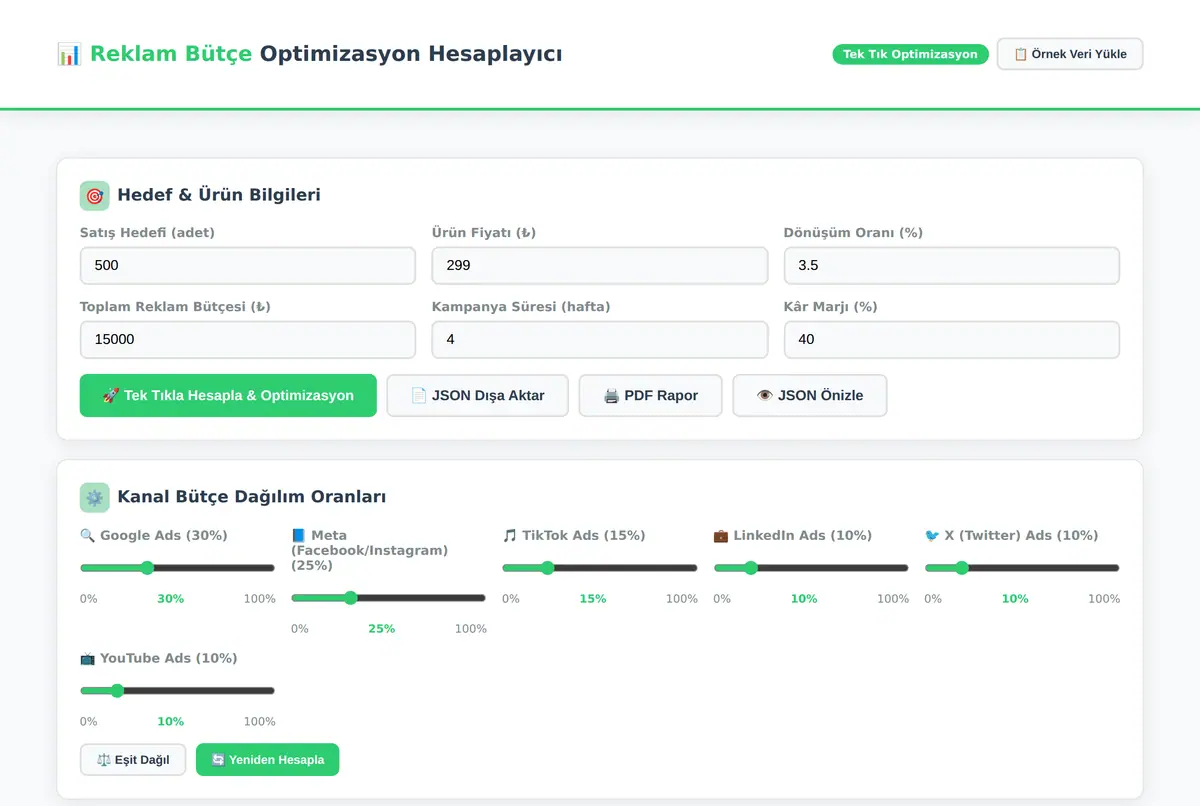 Reklam Bütçe Optimizasyon Hesaplayıcı - Tek Tık ekran görüntüsü 2