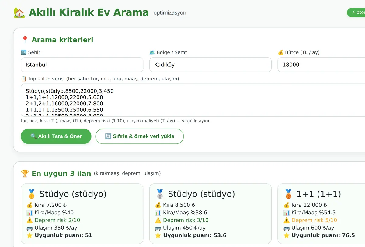 Akıllı Kiralık Ev Arama ve Uygunluk Hesaplayıcı ekran görüntüsü