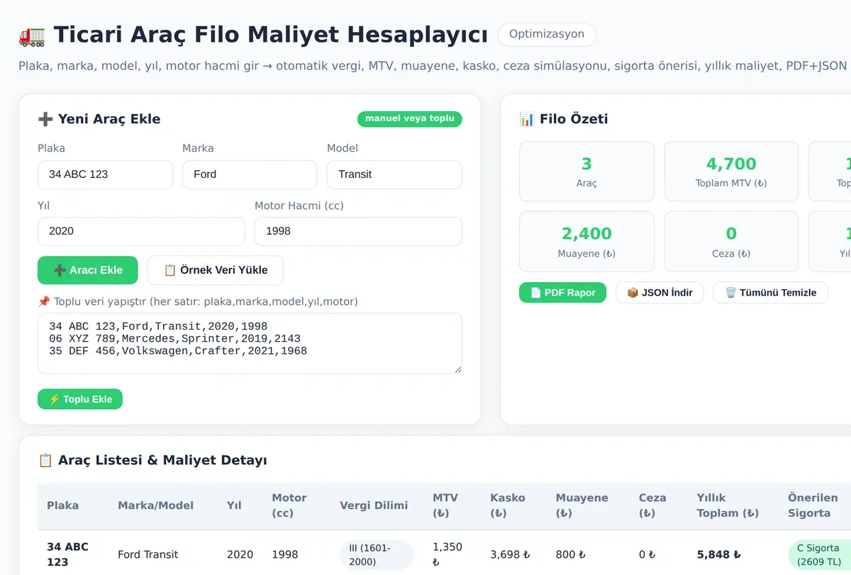 Ticari Araç Filo Maliyet Hesaplayıcı ve Optimizasyon ekran görüntüsü