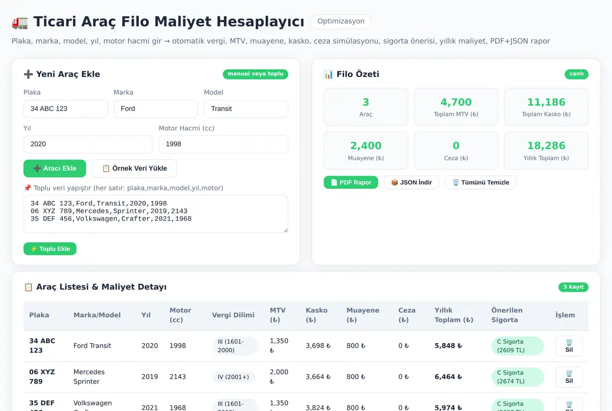 Ticari Araç Filo Maliyet Hesaplayıcı ve Optimizasyon ekran görüntüsü 2